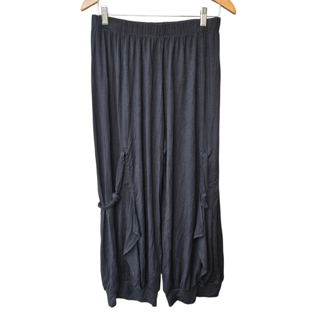 COMFY USA Wide Leg Cropped Pull On Pants Lagenlook Black Stretch Comfort